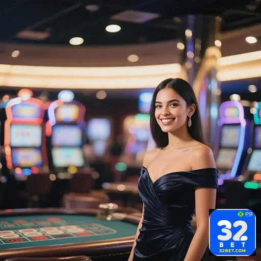 Imagem de um casino digital com o logo 32bet, destaque para jogos de azar online no site 32bet.